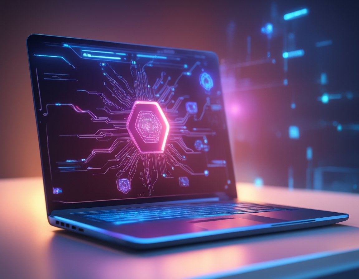 Modern MacBook scanning for malware with floating holographic virus icons, Malwarebytes Free 2025